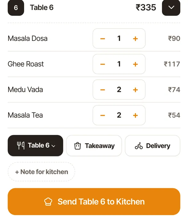 Delobee waiter order for Table 6 with four dishes and a Send Table 6 to Kitchen button — sample data